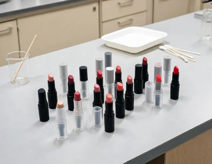 Lipstick Sourcing on a cosmetics bench, illustration only