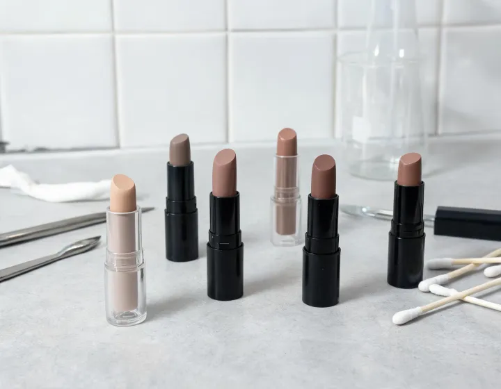 nude lipstick on a cosmetics bench, illustration only