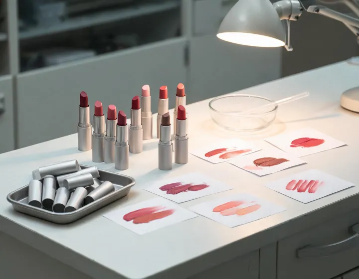 lipstick rebranding supplier on a cosmetics bench, illustration only