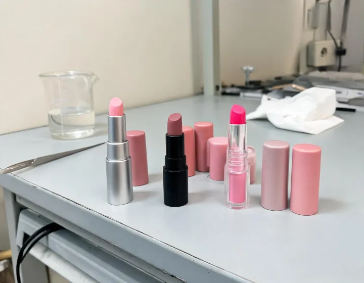 pink lipstick on a cosmetics bench, illustration only