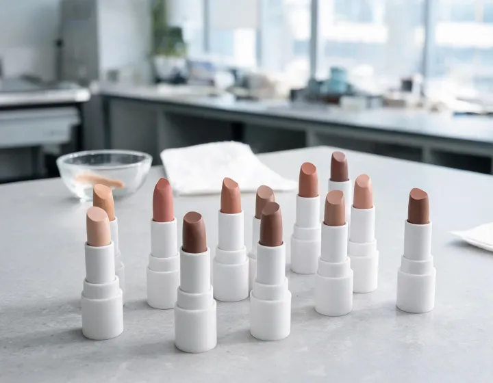 nude lipstick on a cosmetics bench, illustration only